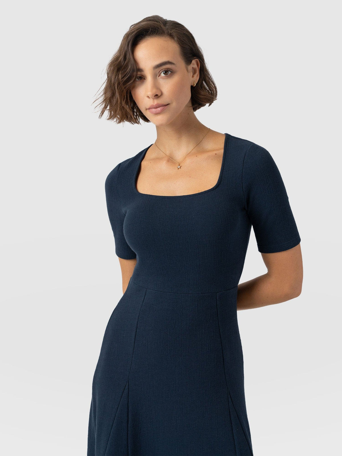 Akia Short Sleeve Dress - Navy Textured