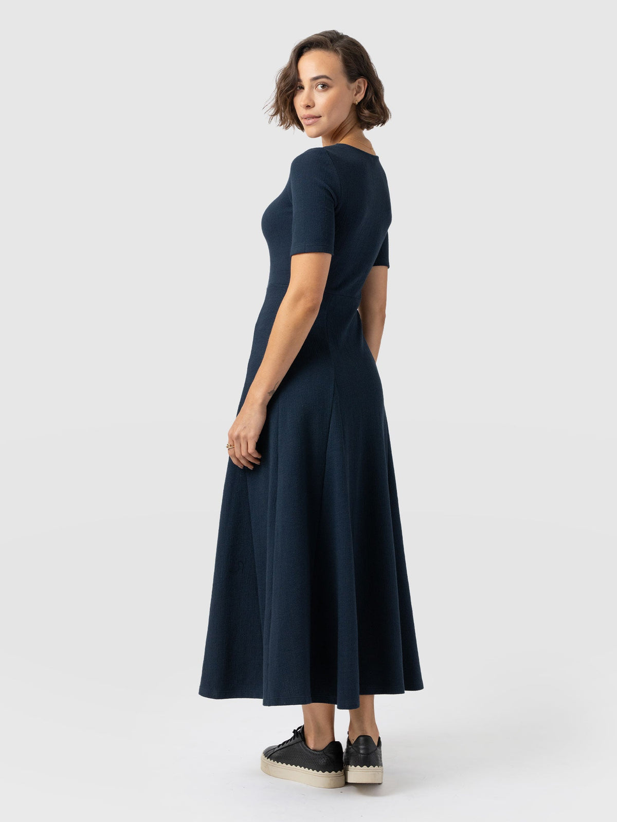 Akia Short Sleeve Dress - Navy Textured