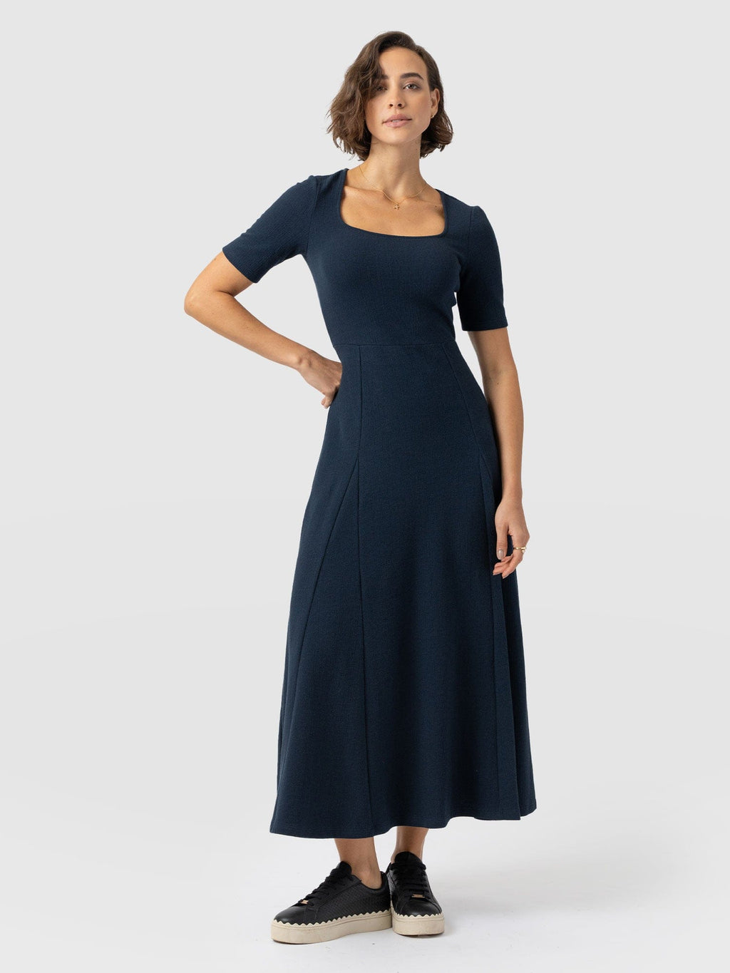Akia Short Sleeve Dress - Navy Textured