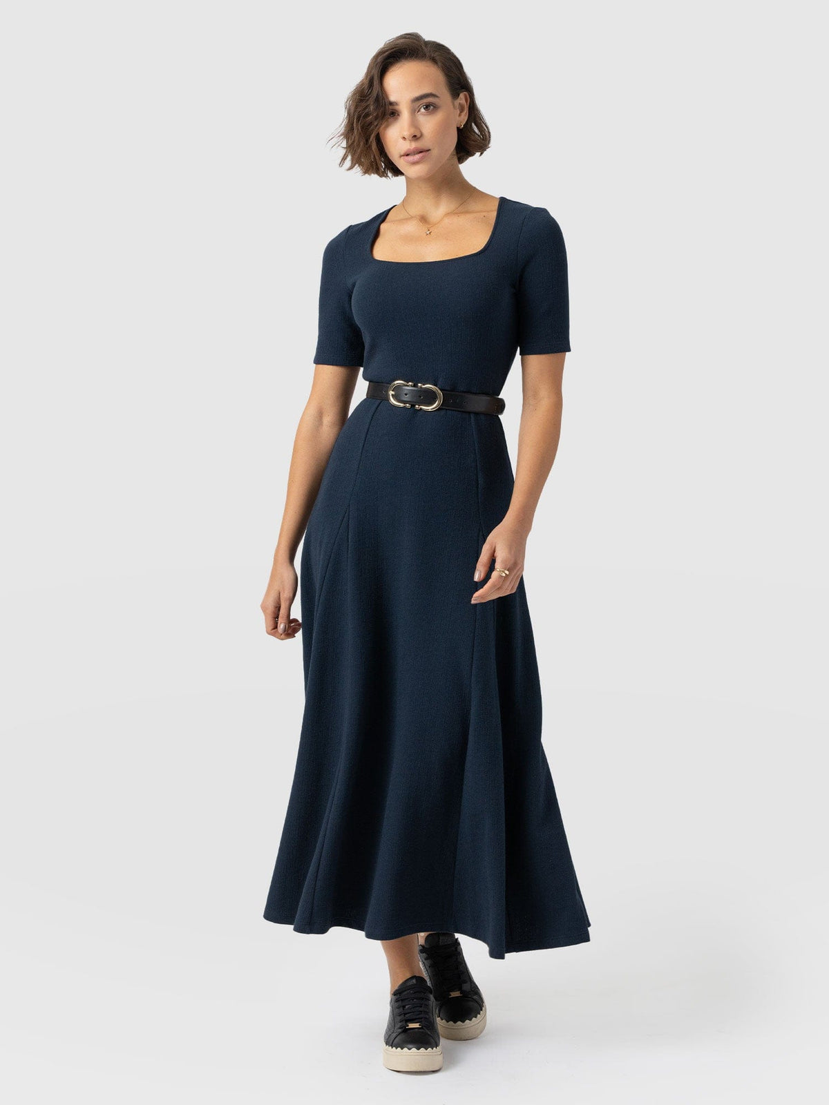 Akia Short Sleeve Dress - Navy Textured