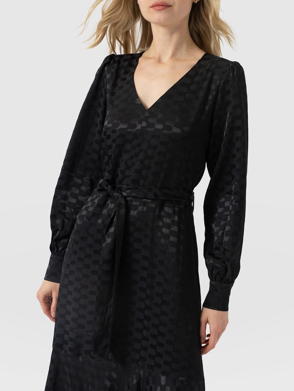 Allegra V Neck Dress - Black Jacquard