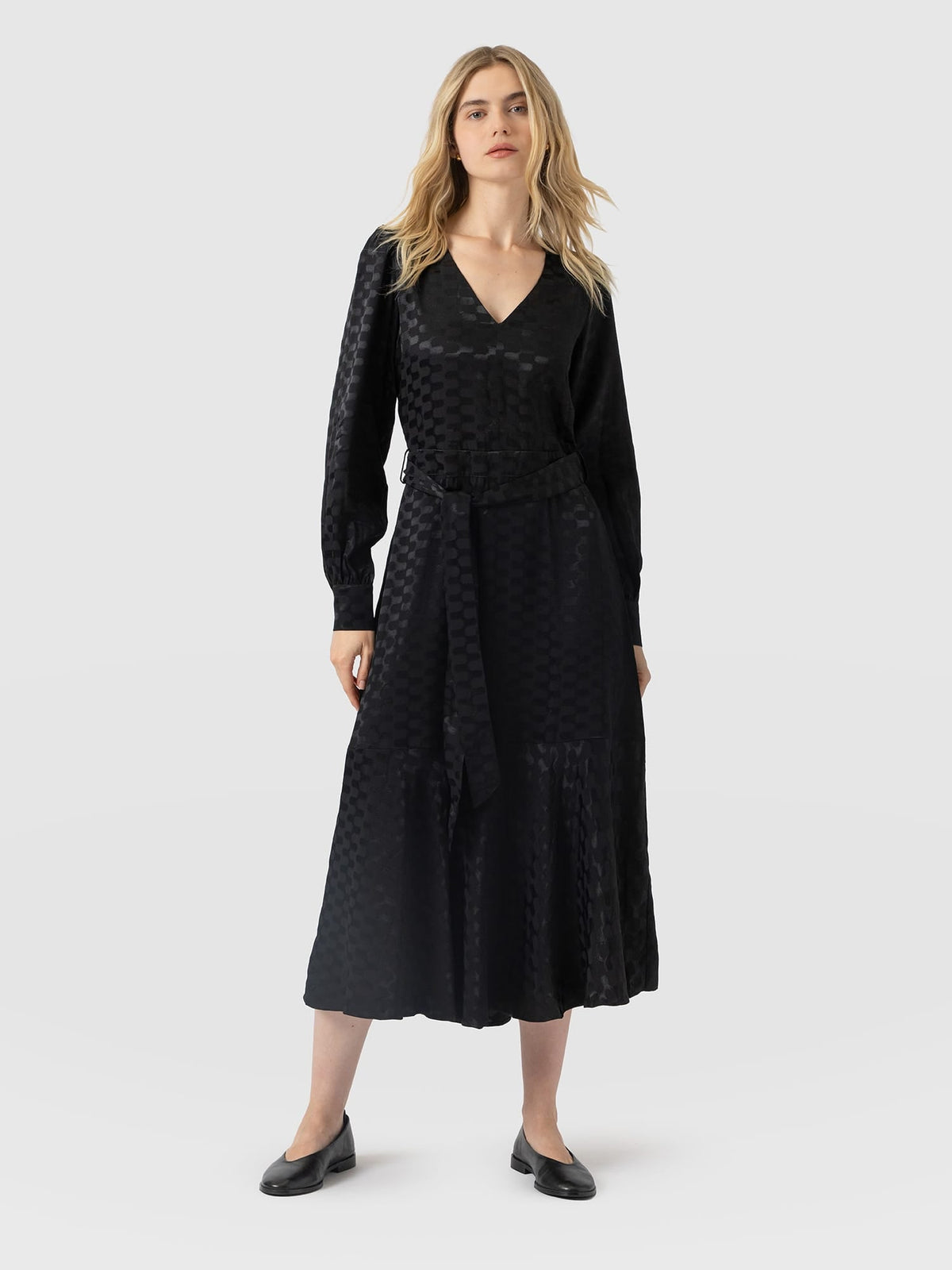 Allegra V Neck Dress - Black Jacquard