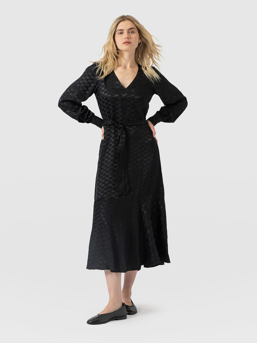 Allegra V Neck Dress - Black Jacquard