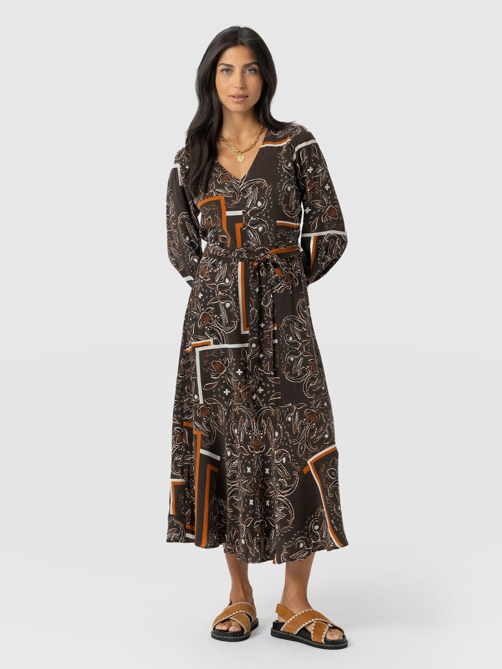 Allegra V Neck Dress - Brown Paisley
