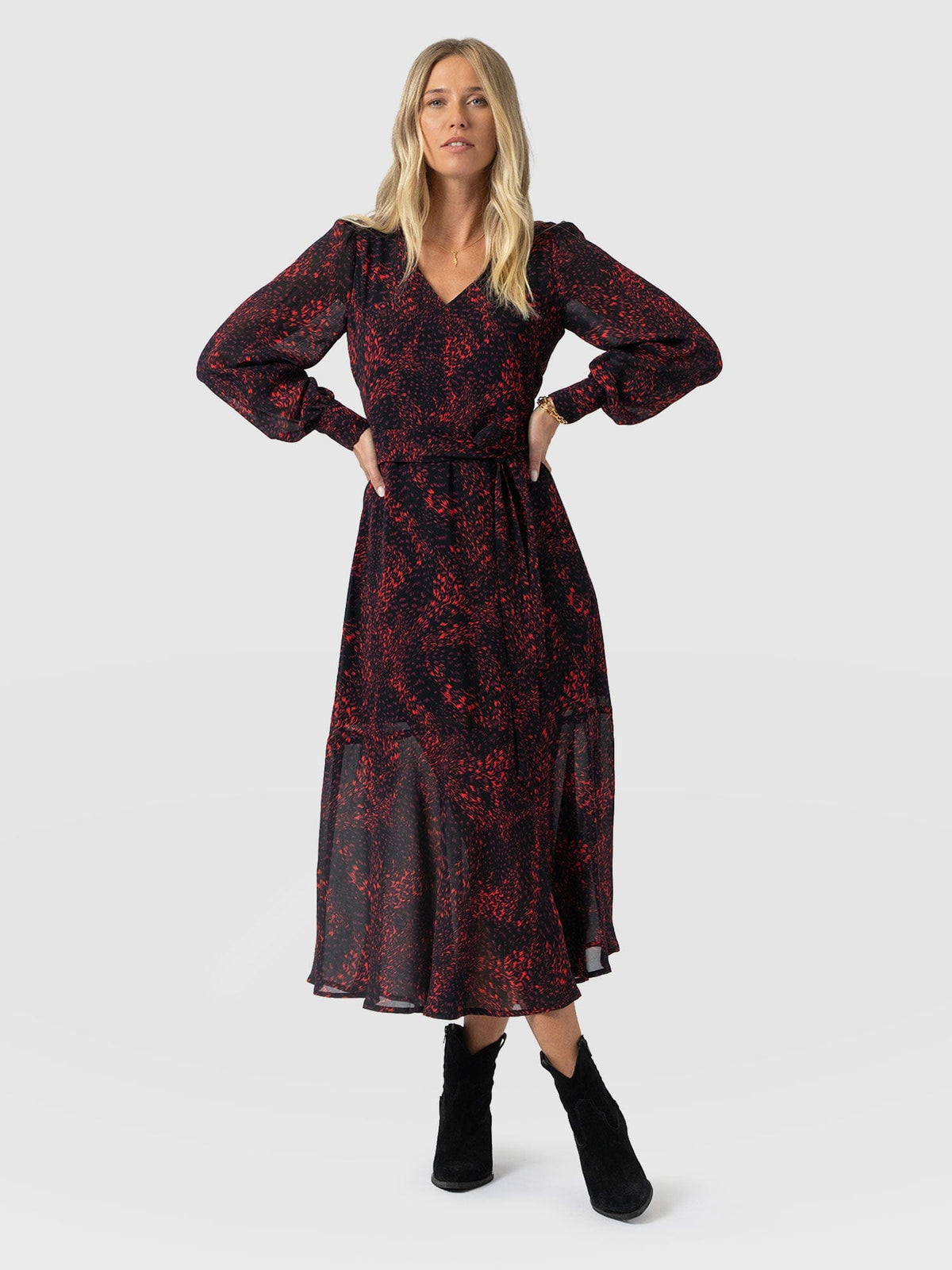 Allegra V Neck Dress - Red Fade Spot