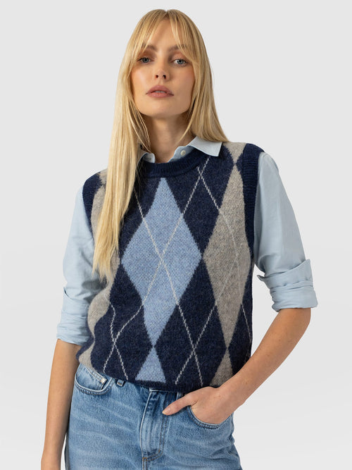 Argyle Sleeveless Knit - Navy/Blue