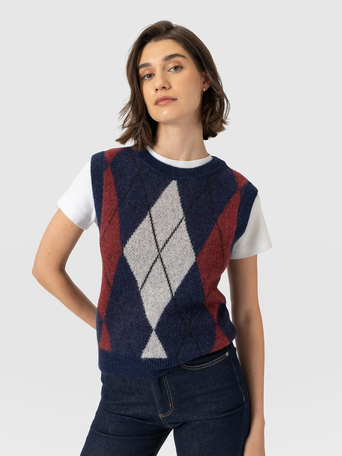 Argyle Sleeveless Knit - Navy/Burgundy