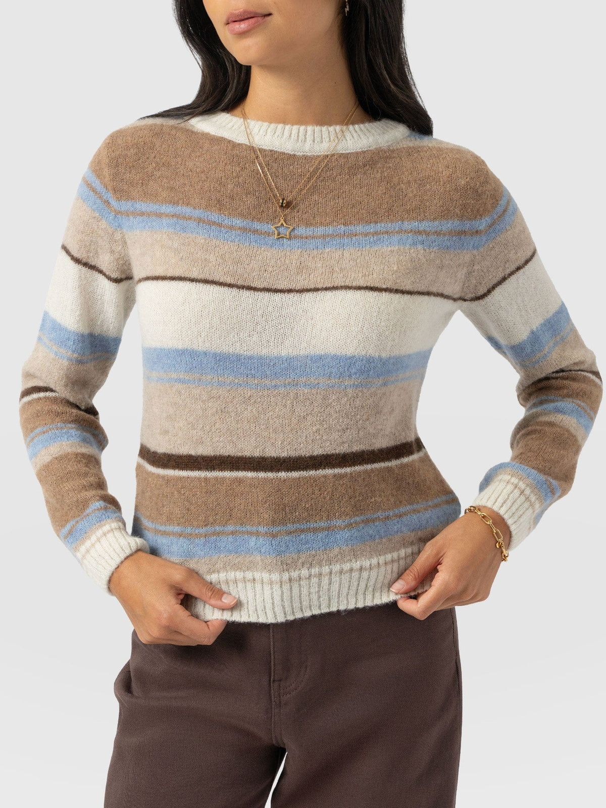 Ariella Boat Neck Sweater - Blue/Brown Stripe