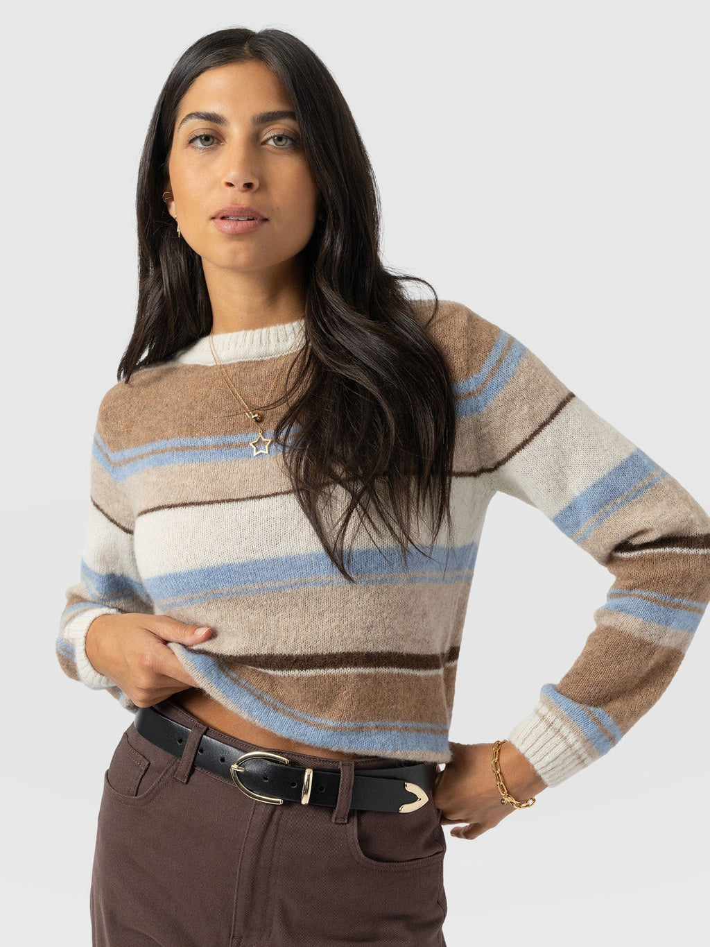 Ariella Boat Neck Sweater - Blue/Brown Stripe