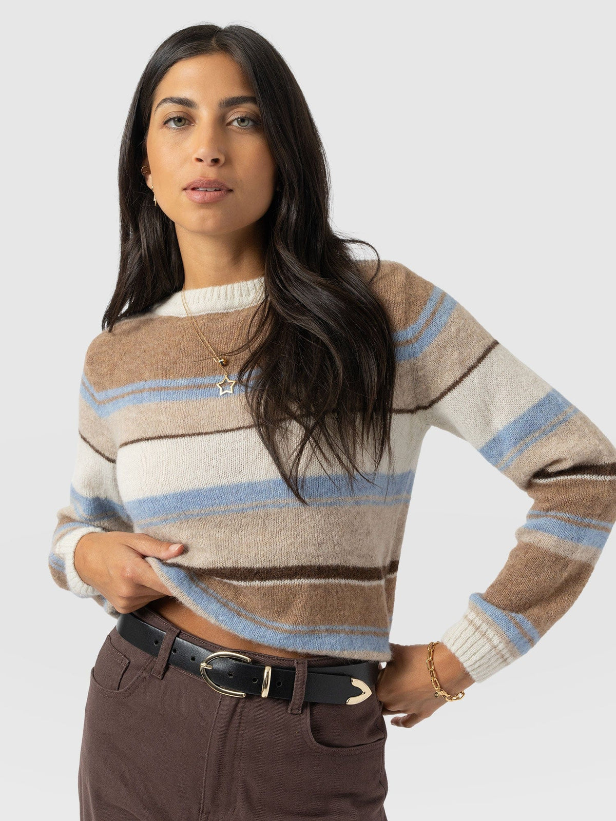 Ariella Boat Neck Sweater - Blue/Brown Stripe