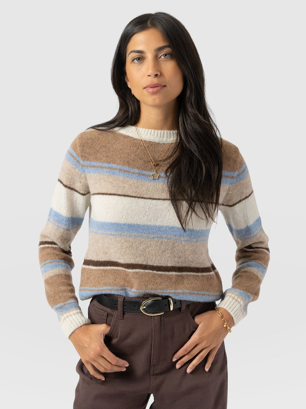 Ariella Boat Neck Sweater - Blue/Brown Stripe