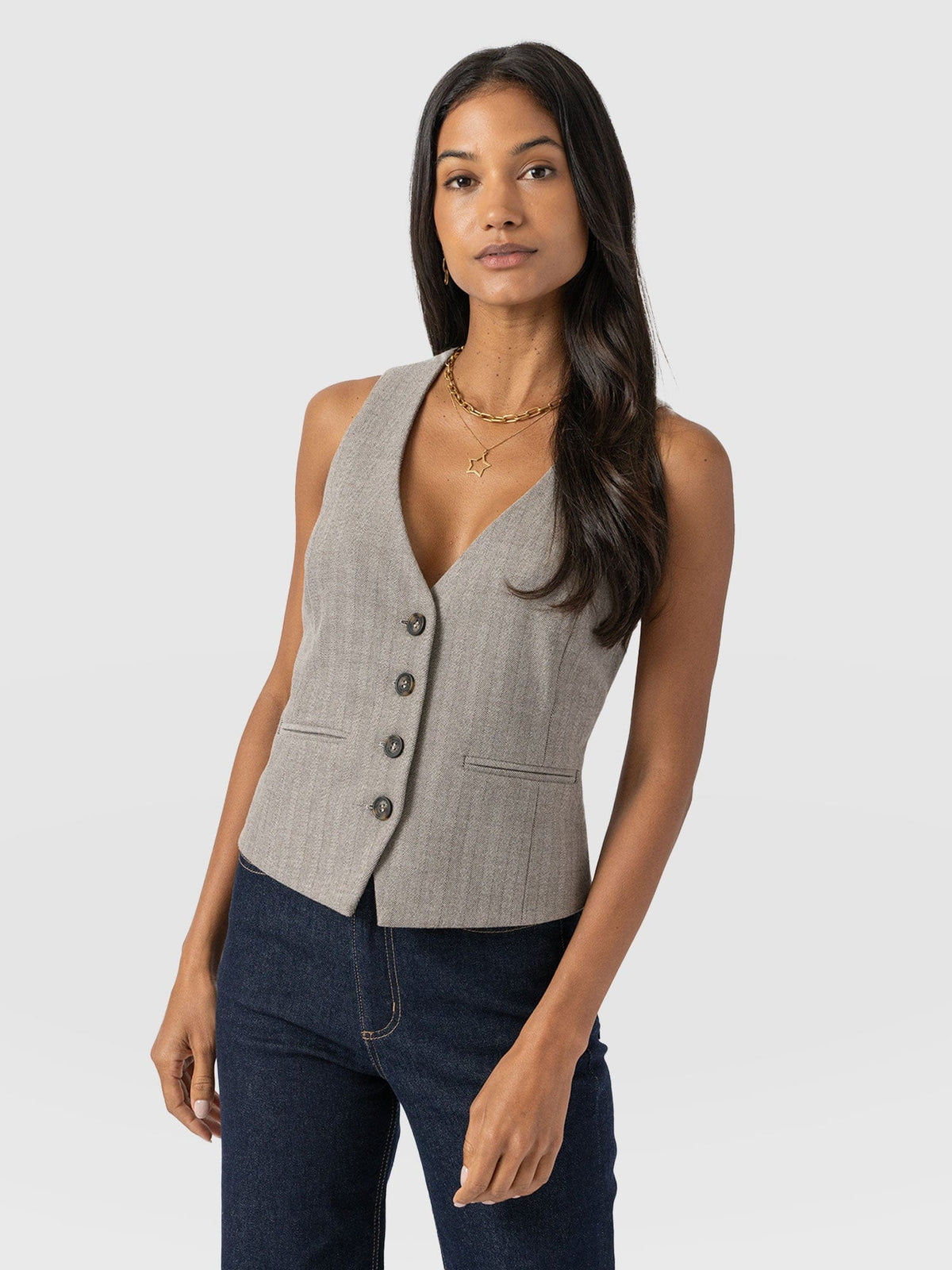 Astrid Vest - Brown Herringbone