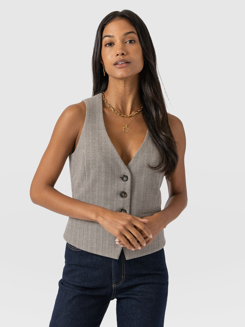 Astrid Vest - Brown Herringbone