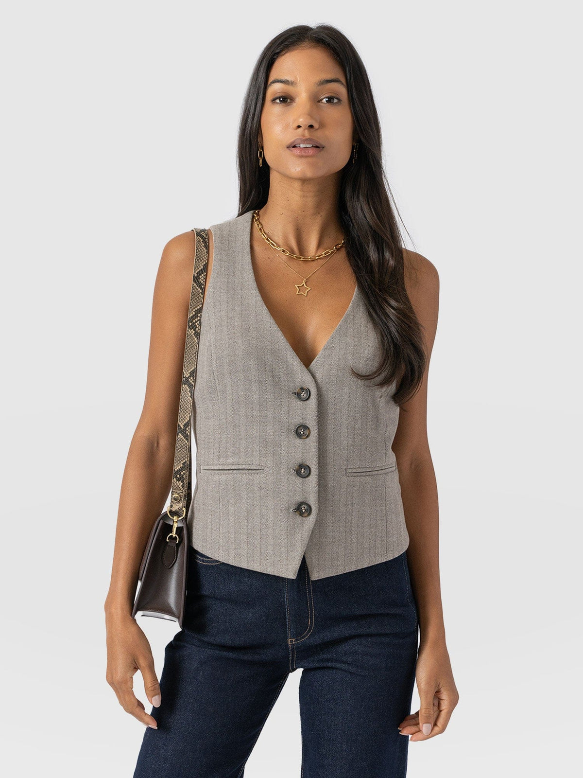 Astrid Vest - Brown Herringbone