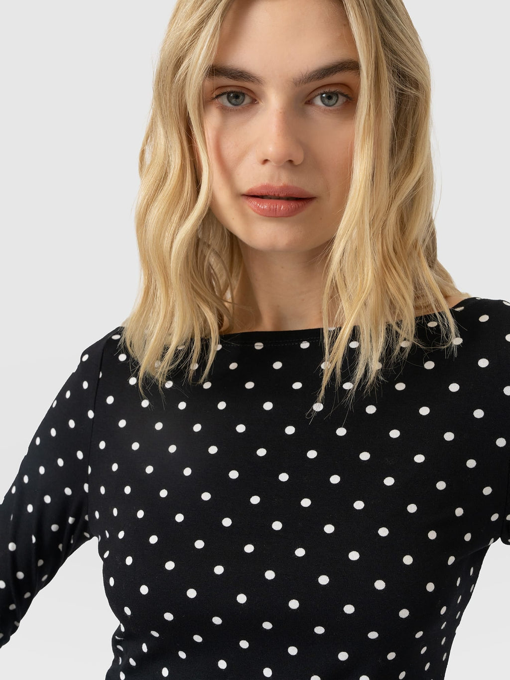 Austen Boat Neck Long Sleeve Tee - Black Polka Dot
