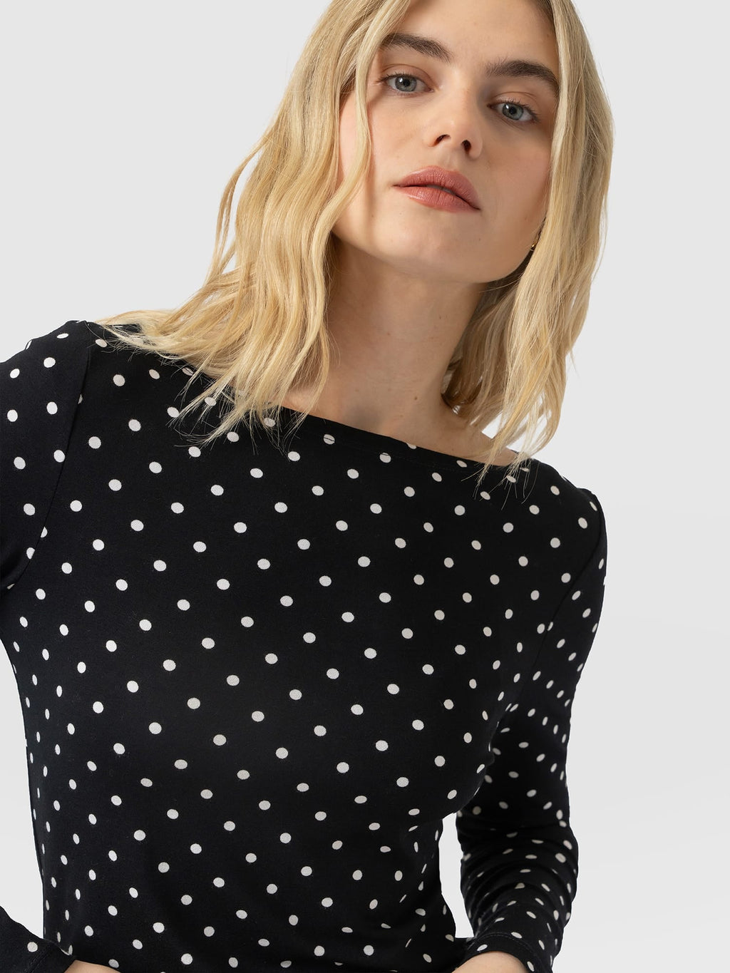 Austen Boat Neck Long Sleeve Tee - Black Polka Dot