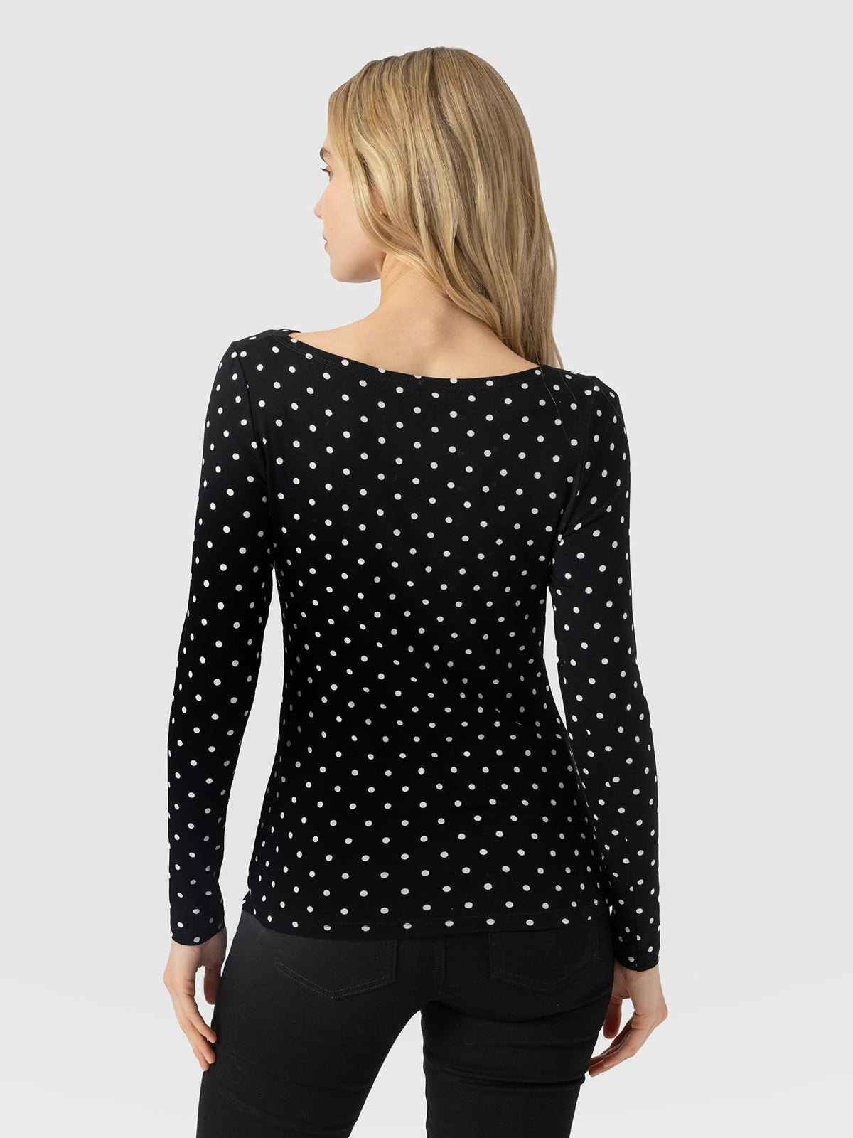 Austen Boat Neck Long Sleeve Tee - Black Polka Dot