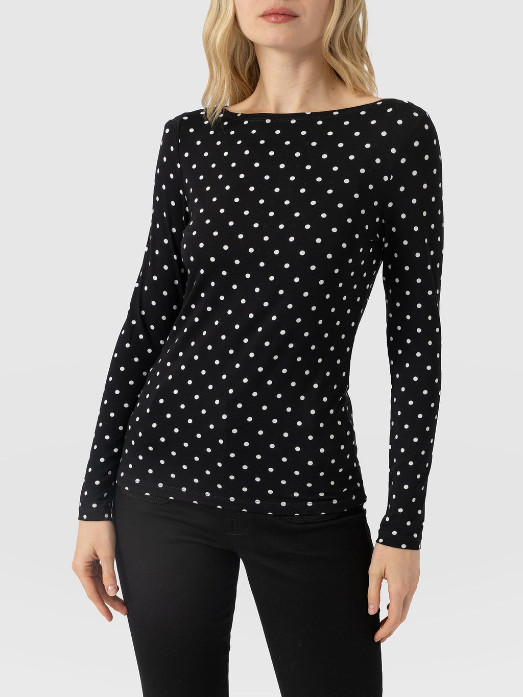 Austen Boat Neck Long Sleeve Tee - Black Polka Dot