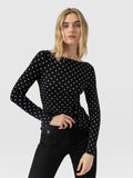 Austen Boat Neck Long Sleeve Tee - Black Polka Dot