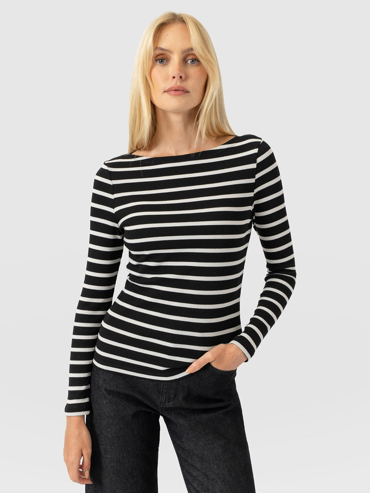 Austen Boat Neck Long Sleeve Tee - Black Stripe
