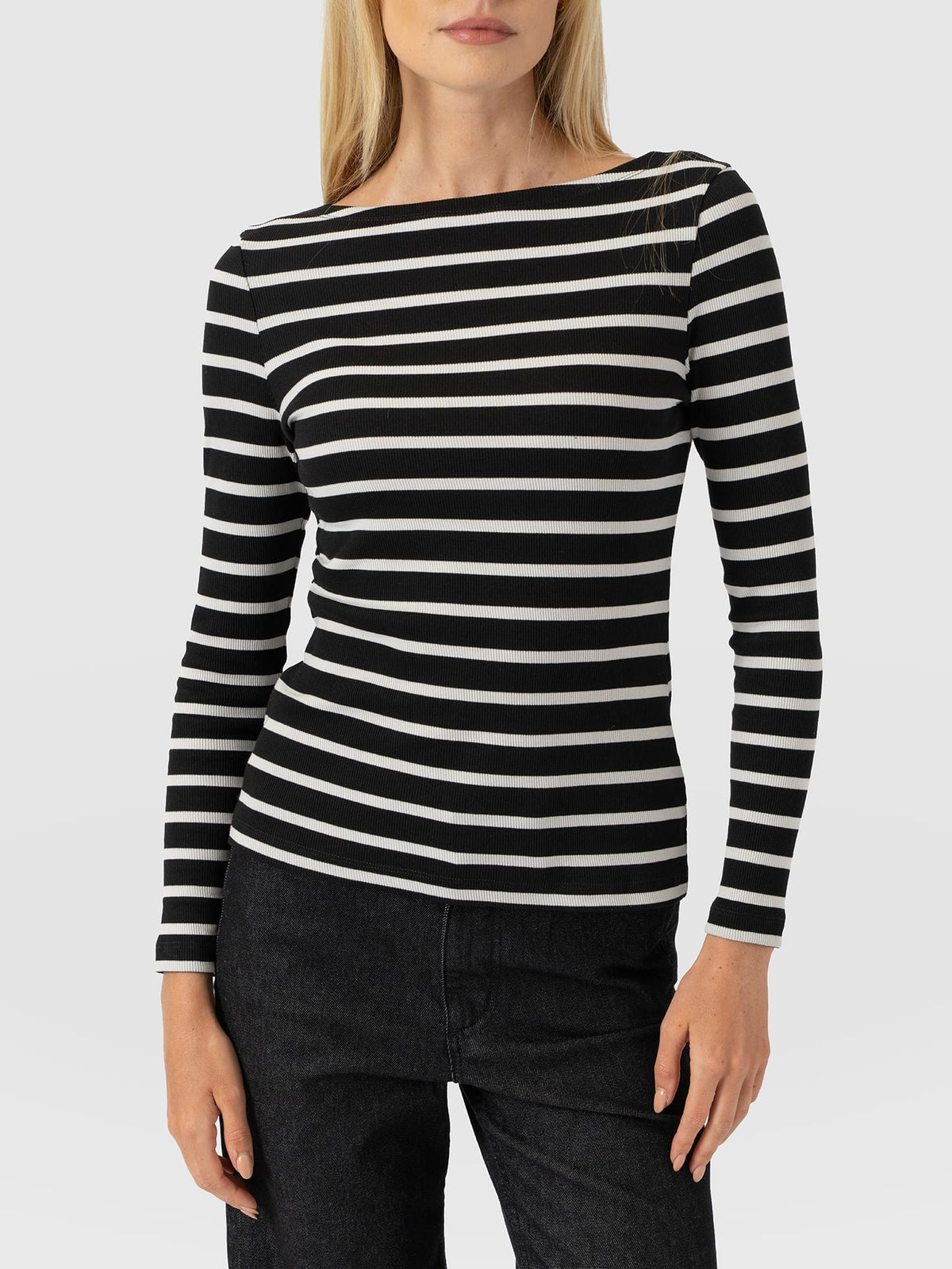 Austen Boat Neck Long Sleeve Tee - Black Stripe