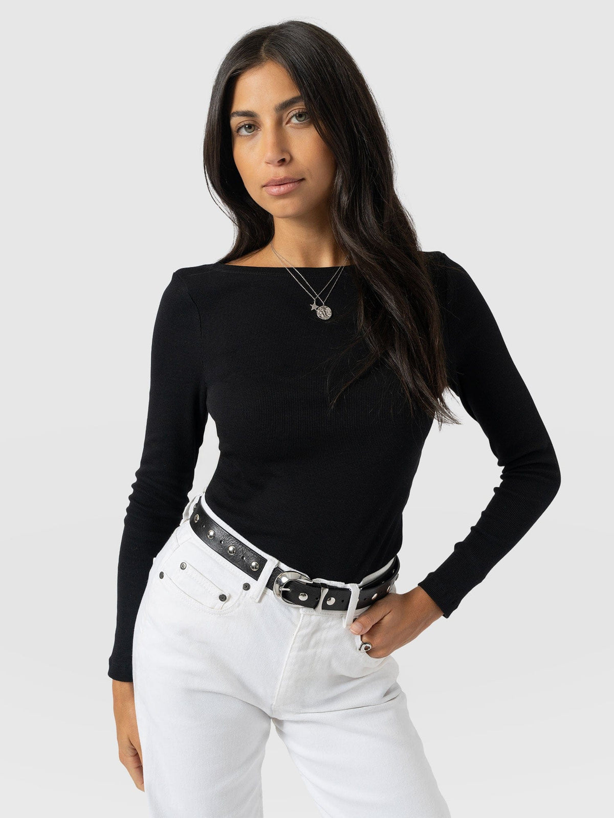 Austen Boat Neck Long Sleeve Tee - Black