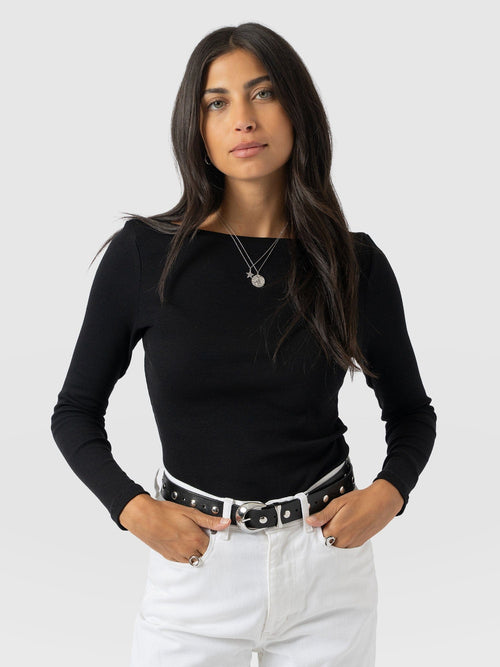 Austen Boat Neck Long Sleeve Tee - Black