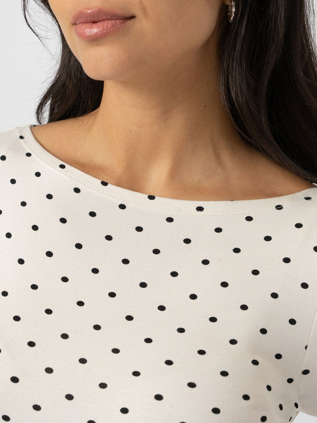 Austen Boat Neck Long Sleeve Tee - Cream Polka Dot