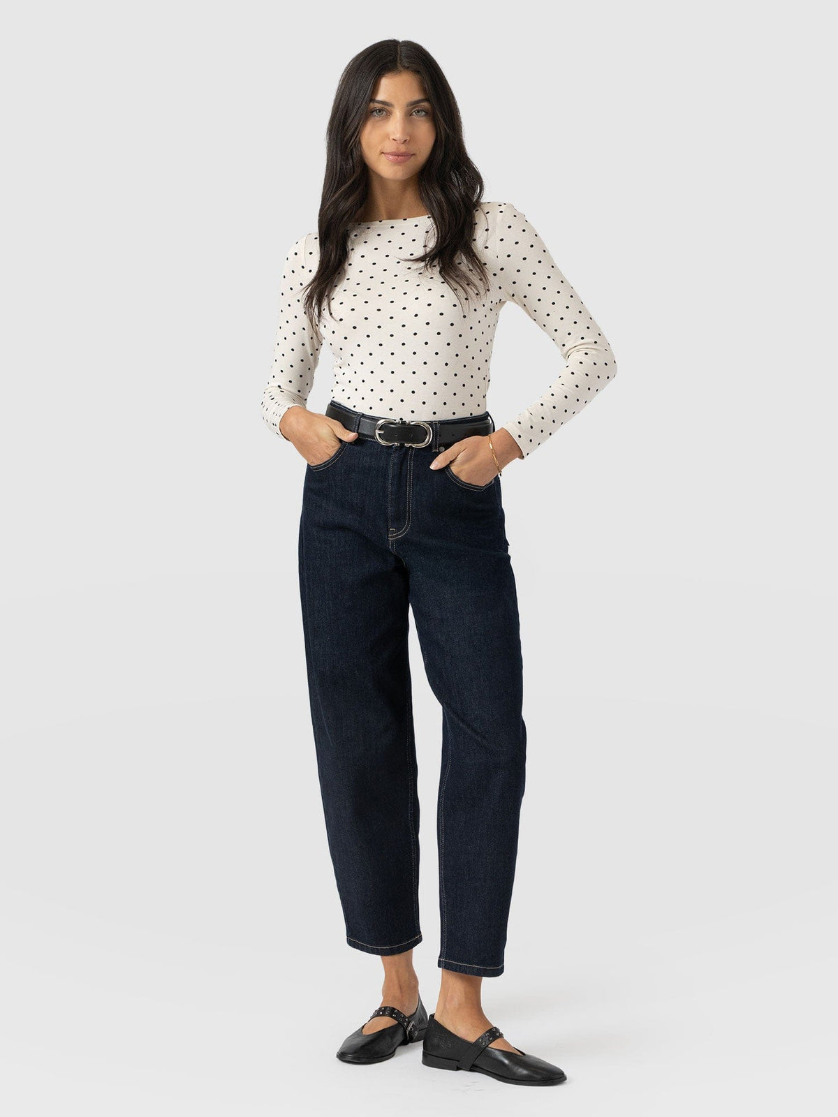 Austen Boat Neck Long Sleeve Tee - Cream Polka Dot