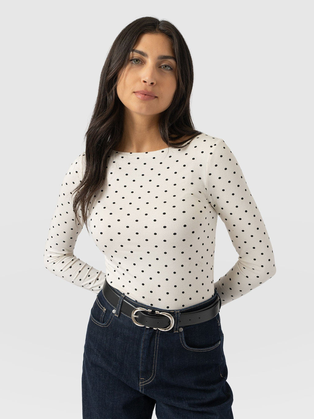 Austen Boat Neck Long Sleeve Tee - Cream Polka Dot