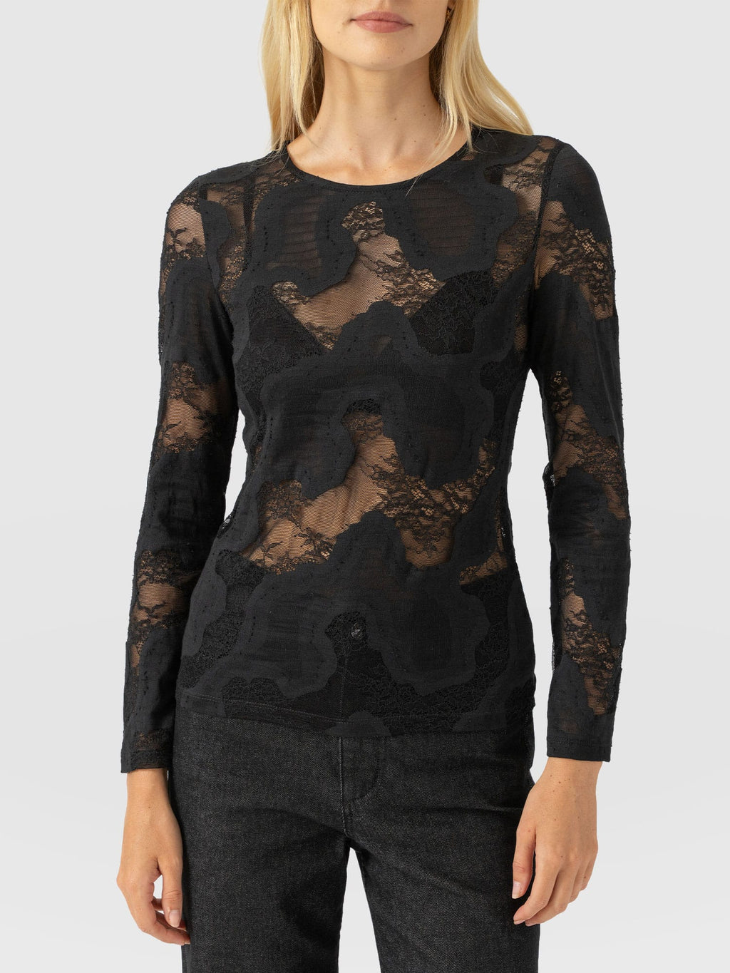 Austen Crew Neck Long Sleeve Tee - Black Lace
