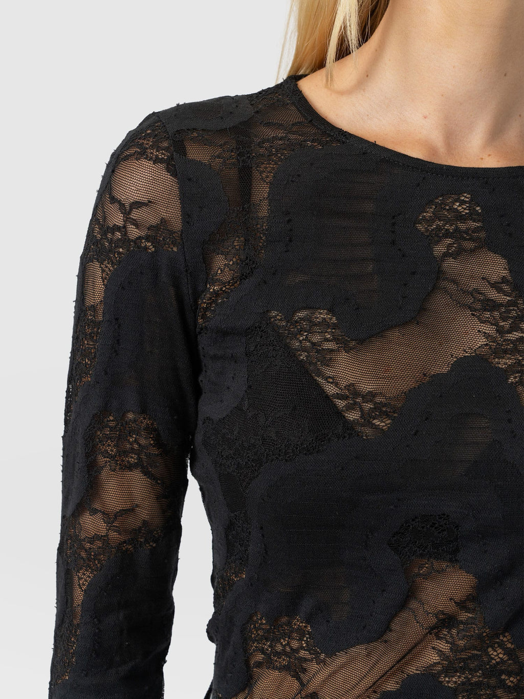 Austen Crew Neck Long Sleeve Tee - Black Lace
