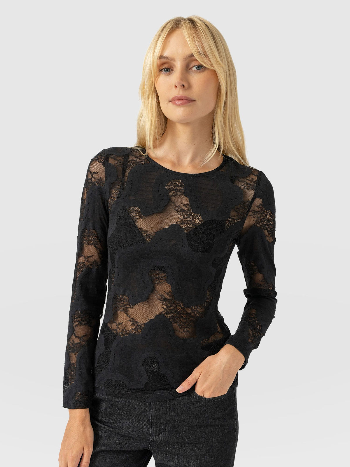 Austen Crew Neck Long Sleeve Tee - Black Lace