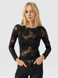 Austen Crew Neck Long Sleeve Tee - Black Lace