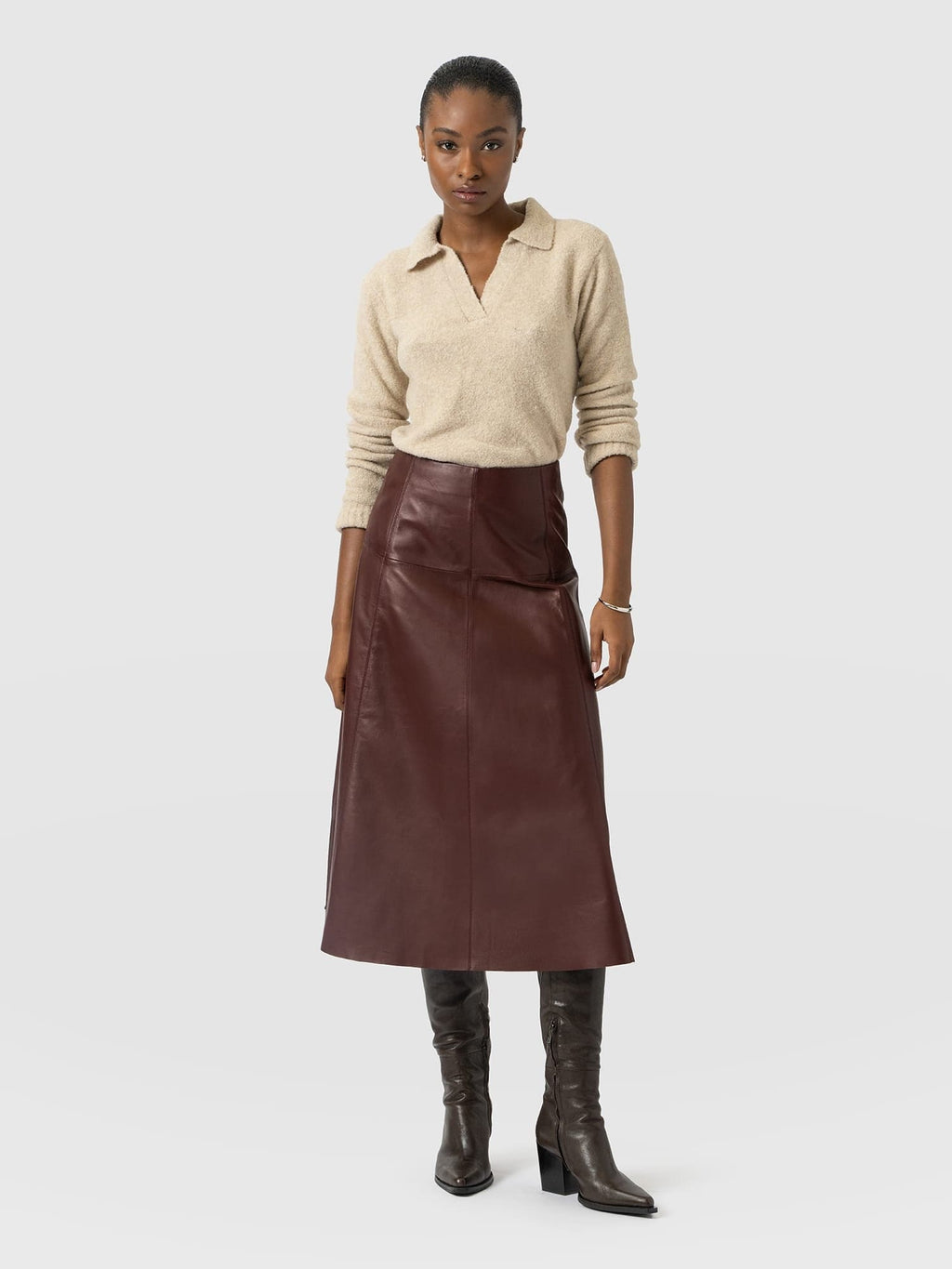 Bonham Leather Midi Skirt - Burgundy