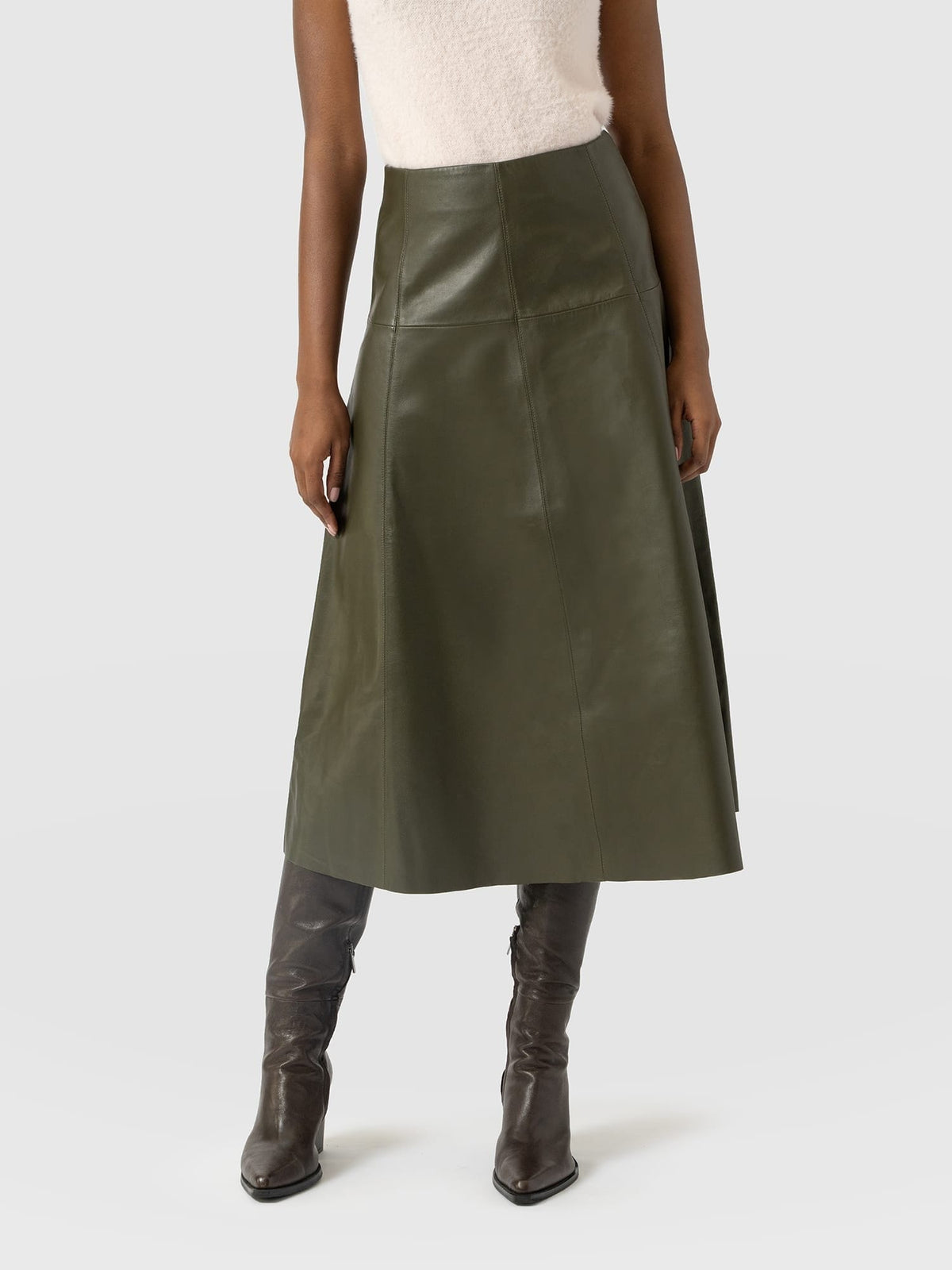 Bonham Leather Midi Skirt - Khaki