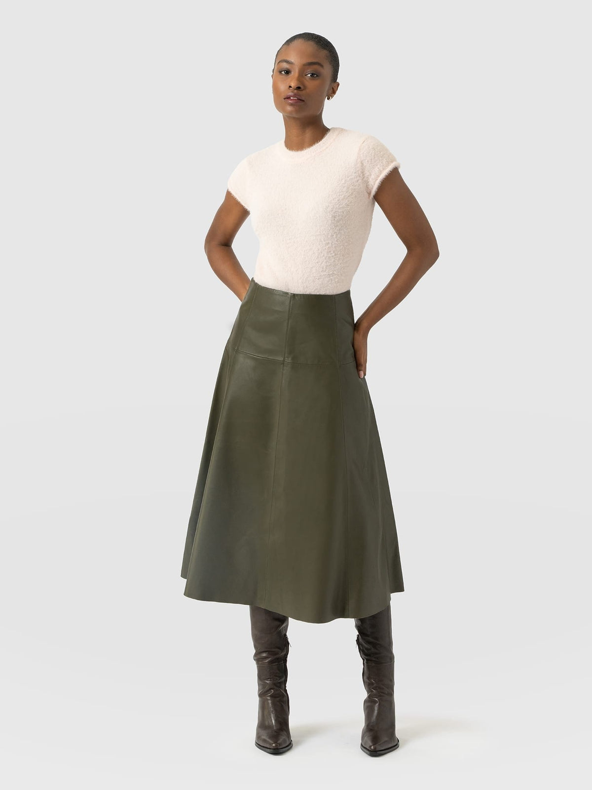 Bonham Leather Midi Skirt - Khaki