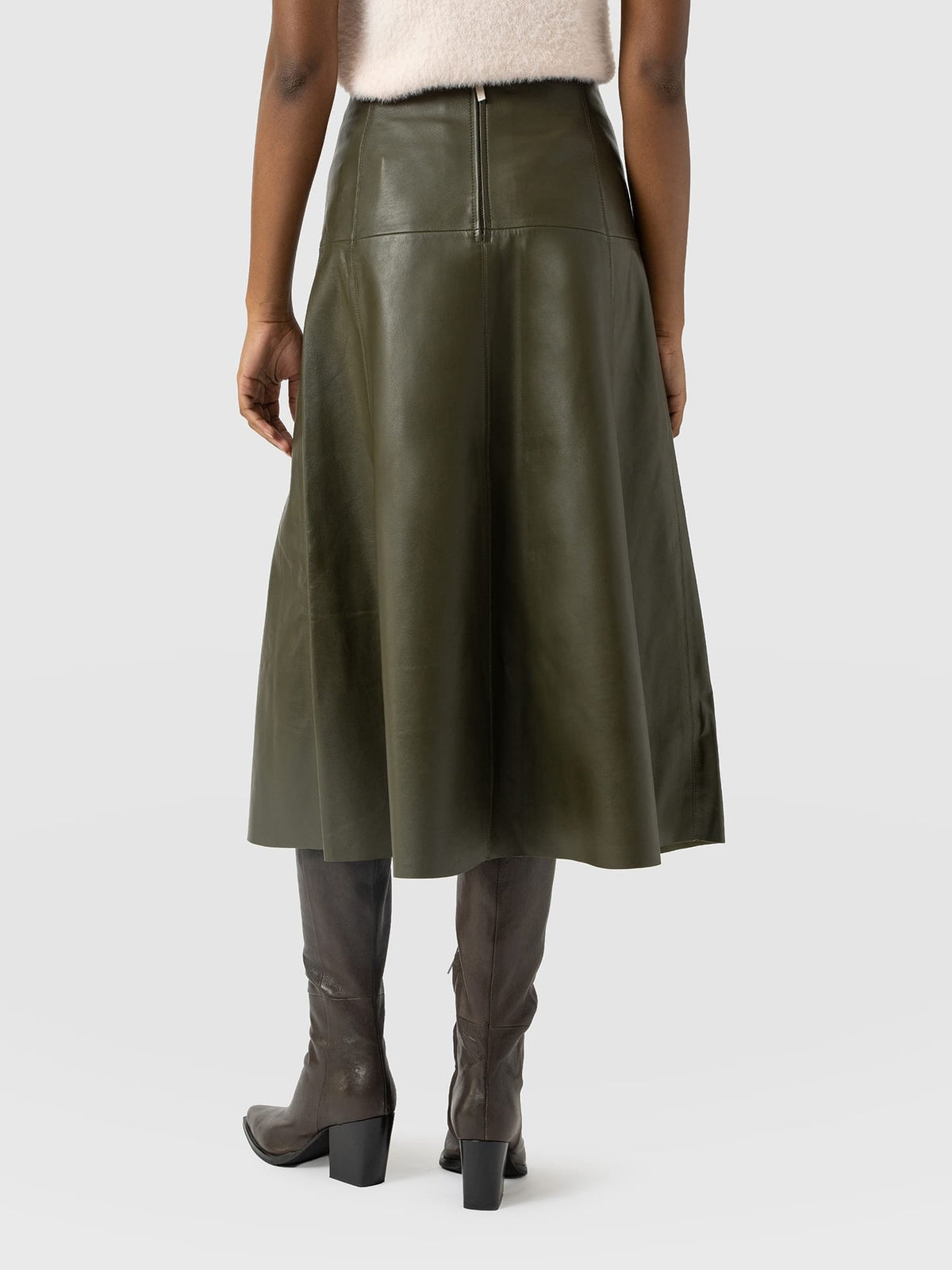 Bonham Leather Midi Skirt - Khaki