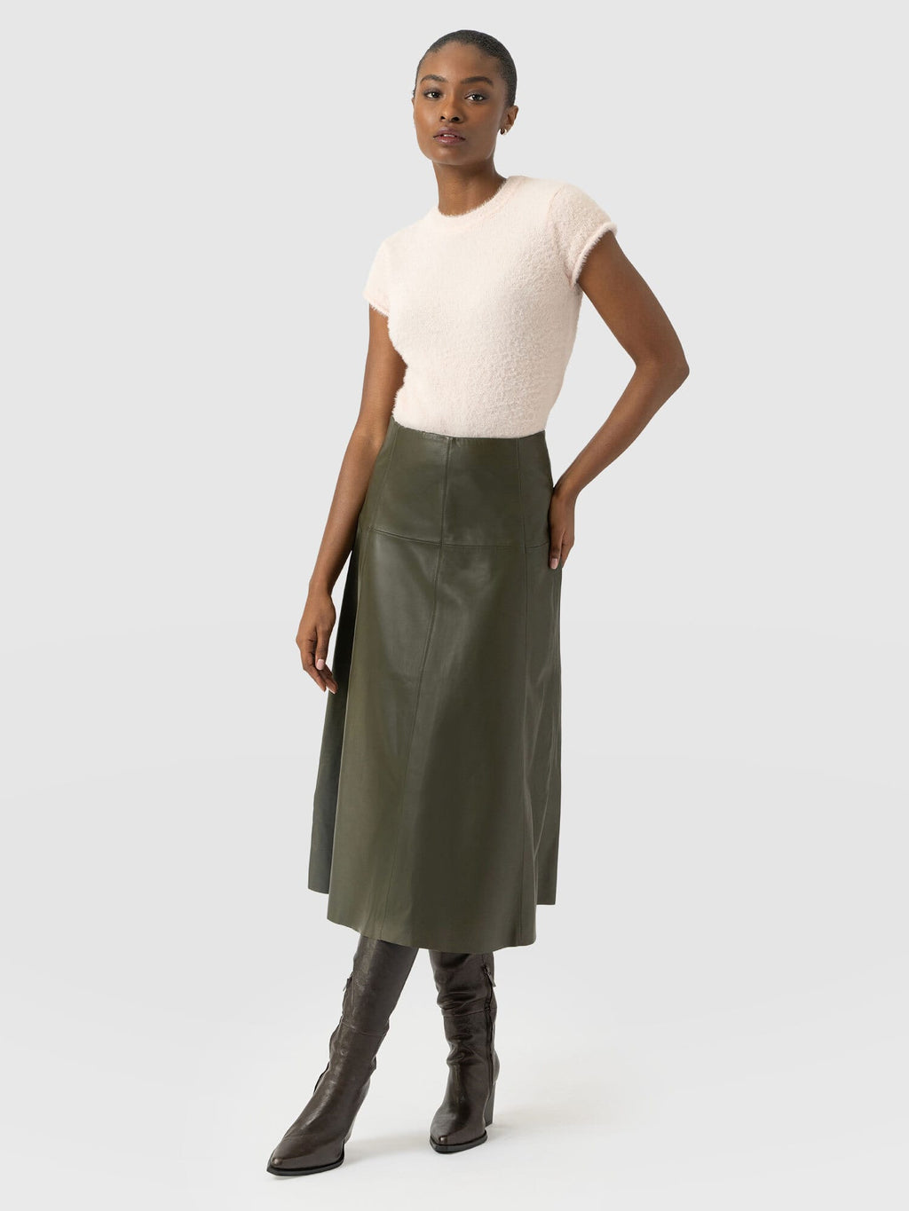 Bonham Leather Midi Skirt - Khaki