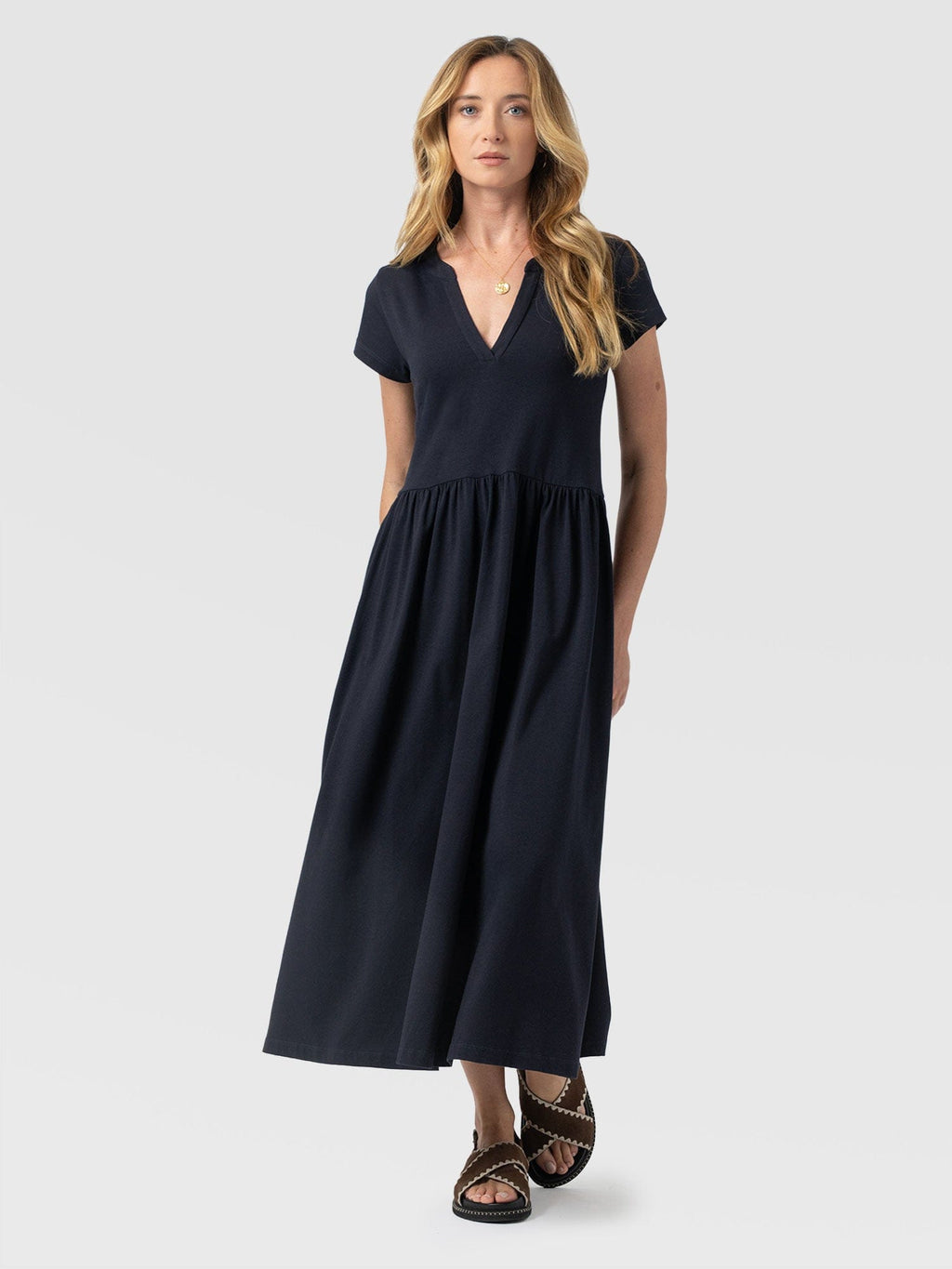 Bonnie V Neck Dress - Navy