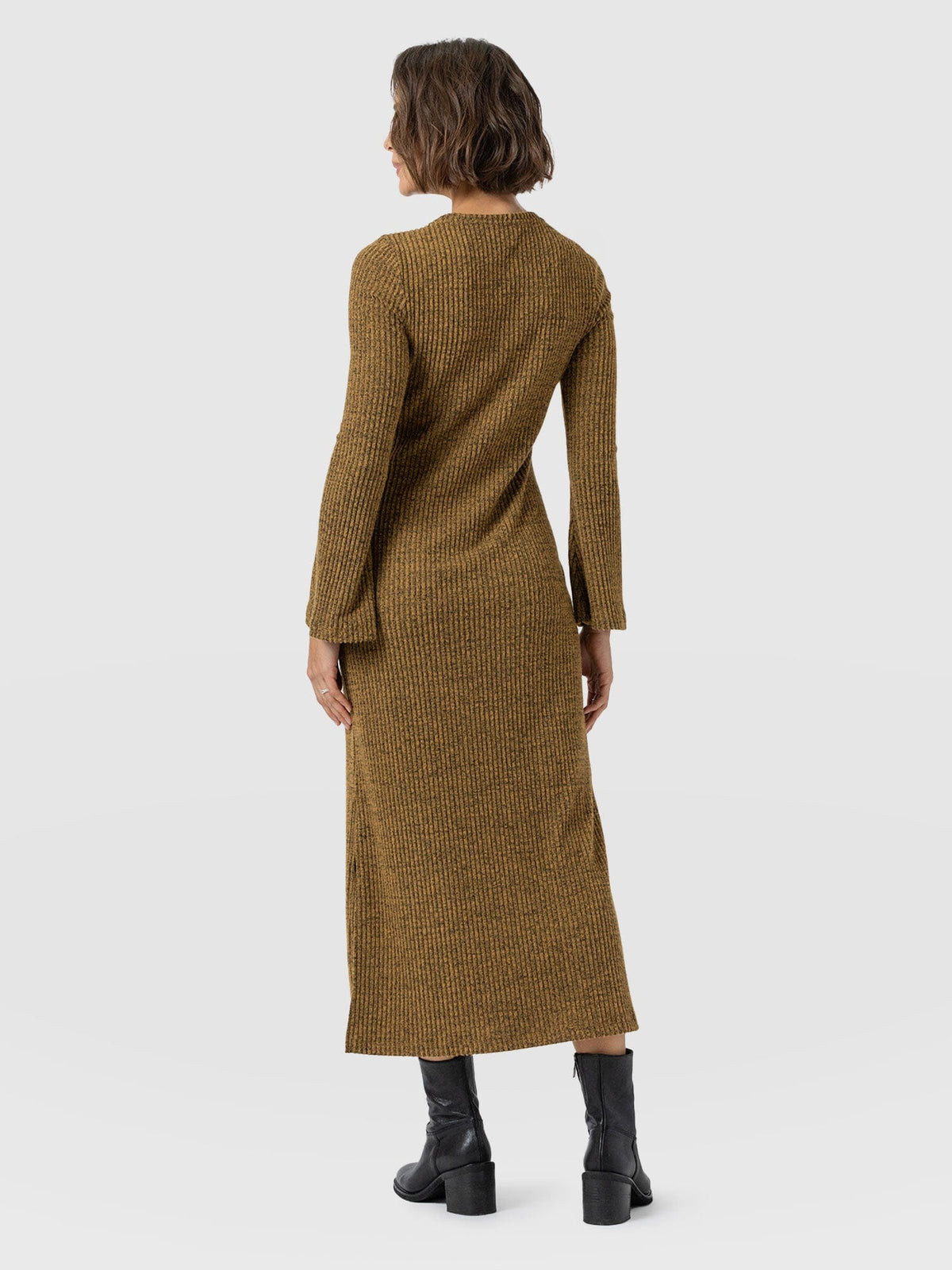 Callie Fluted Midi Dress - Mustard Melange