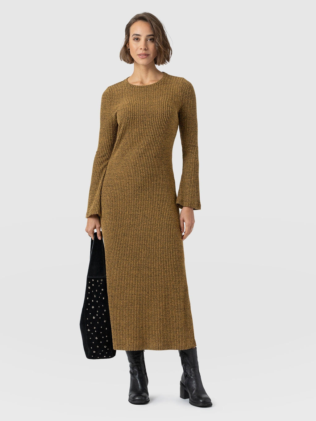 Callie Fluted Midi Dress - Mustard Melange