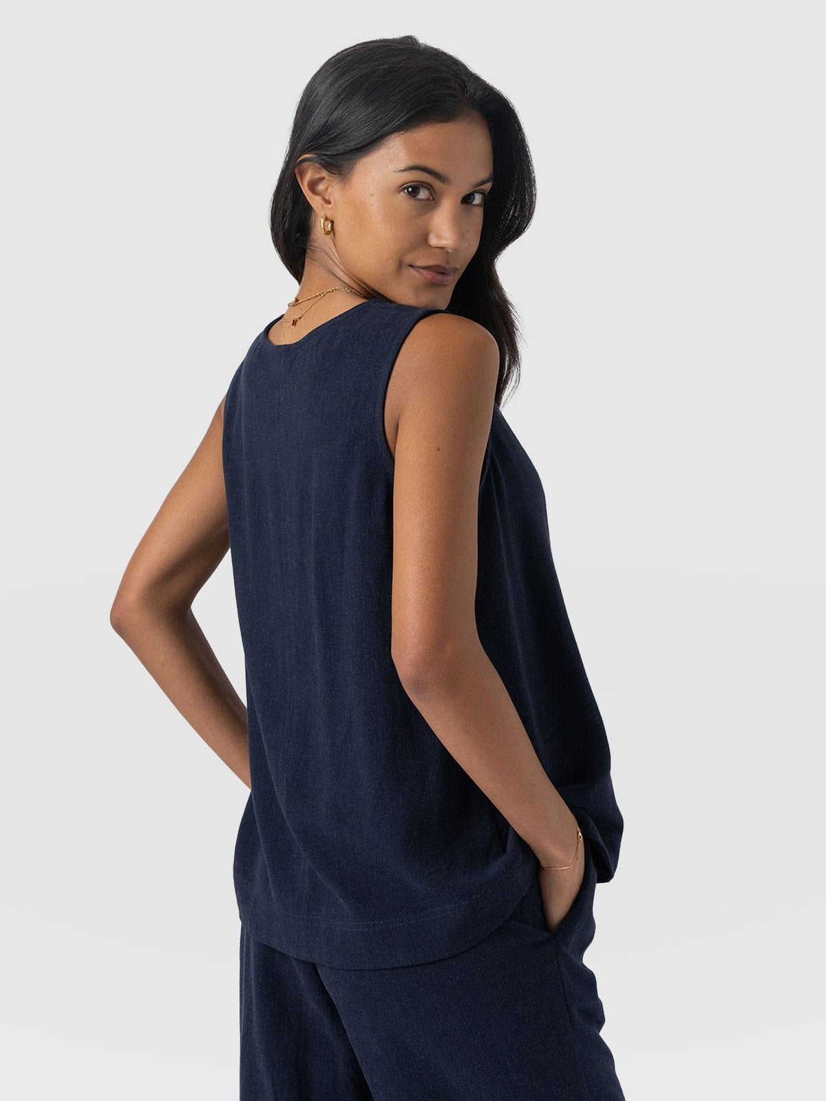 Corinne Linen V Neck Tunic - Navy