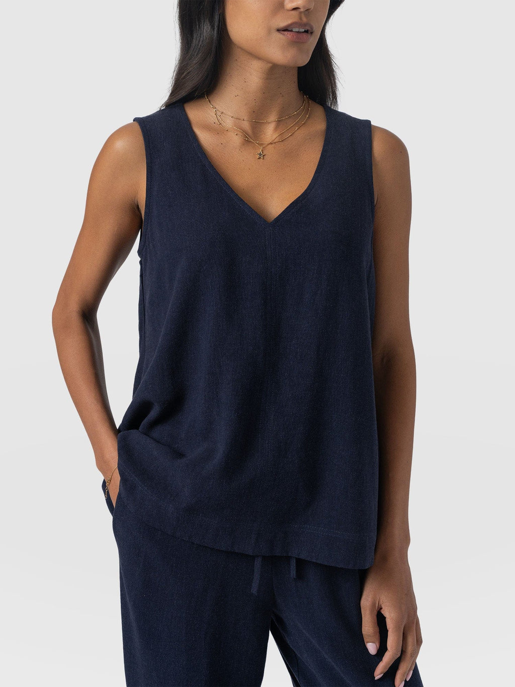 Corinne Linen V Neck Tunic - Navy
