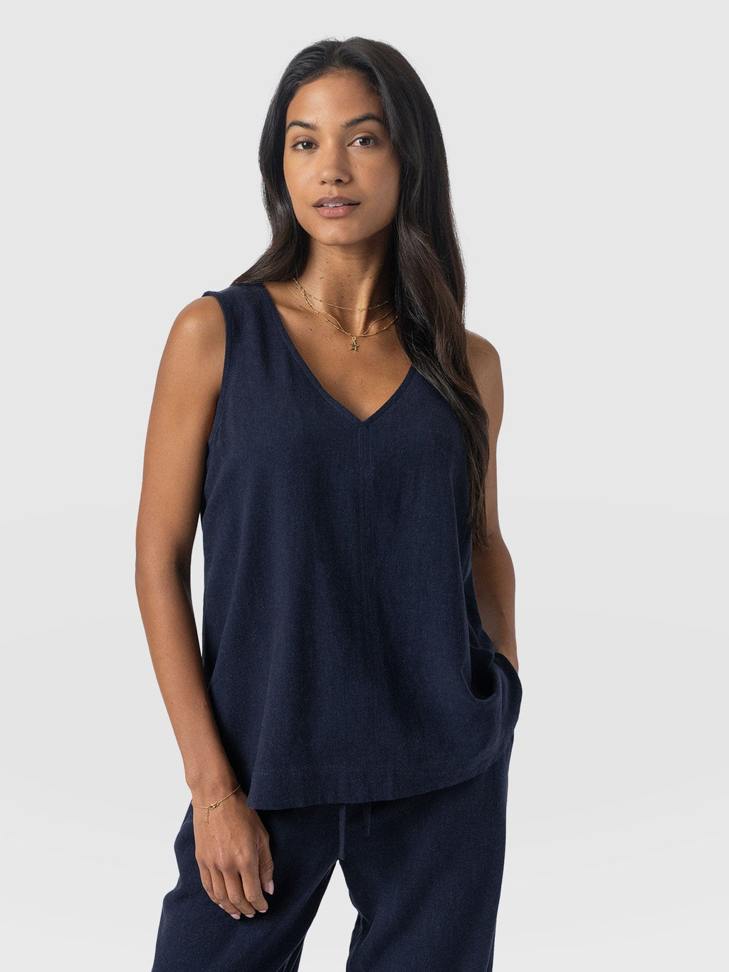 Corinne Linen V Neck Tunic - Navy