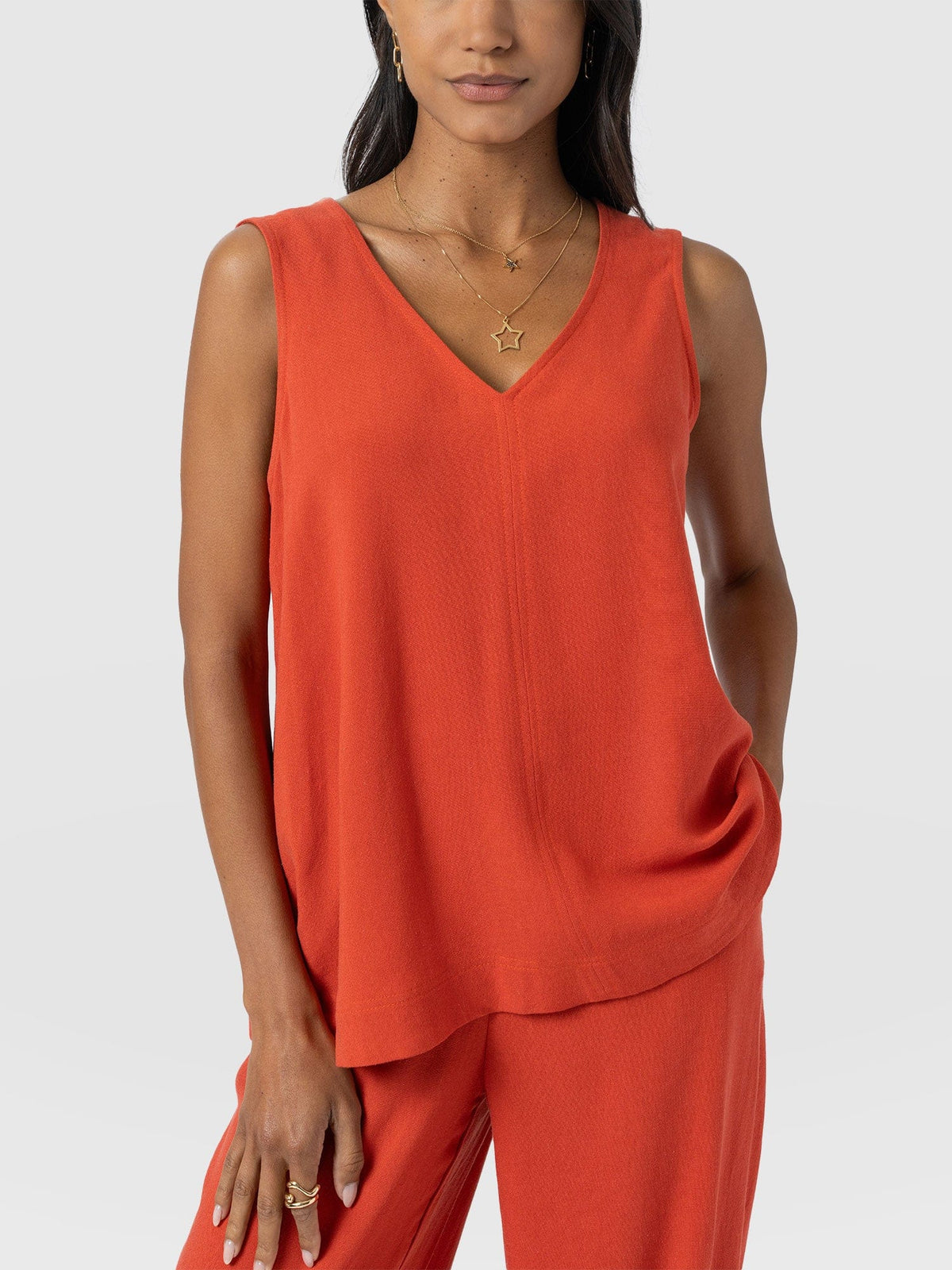 Corinne Linen V Neck Tunic - Burnt Orange