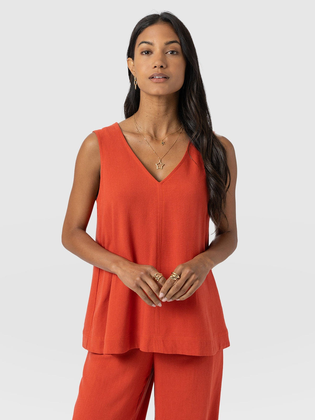 Corinne Linen V Neck Tunic - Burnt Orange