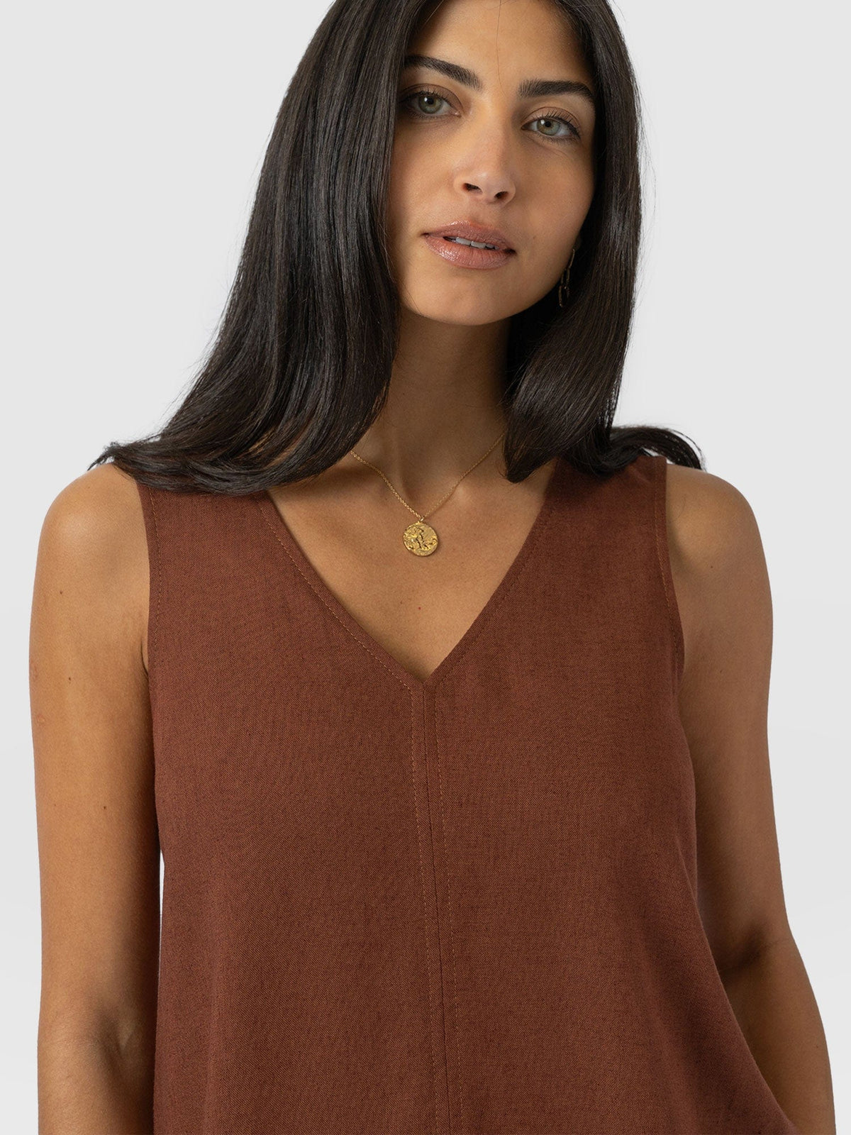 Corinne Linen V Neck Tunic - Russet Brown