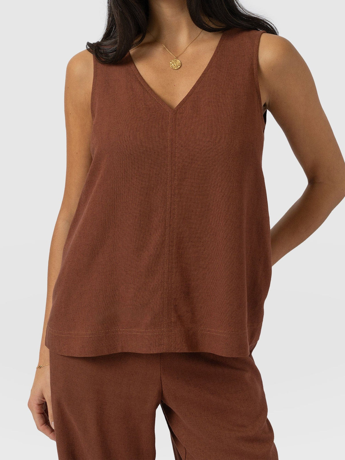 Corinne Linen V Neck Tunic - Russet Brown