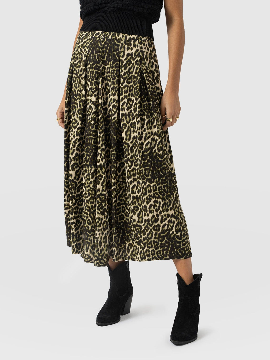 Eliza Pleated Skirt - Green Leopard